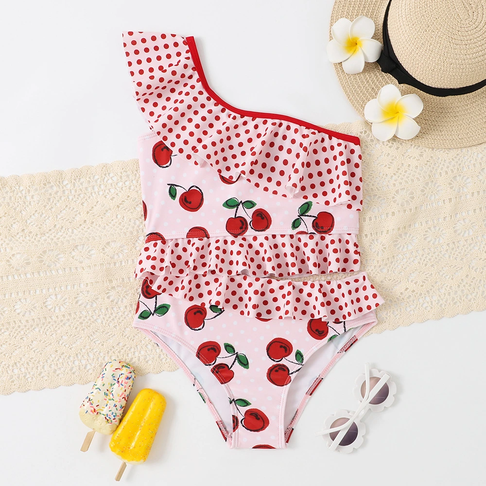 Kid&prime; S One-Piece Swimsuit Cherry Printing Slanted Shoulder Strap with Ruffles Biniki