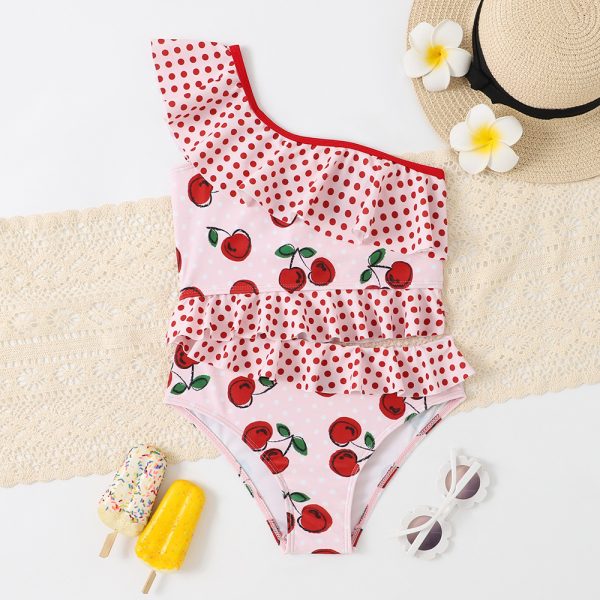 Kid′ S One Piece Swimsuit Cherry Printing Slanted Shoulder Strap with