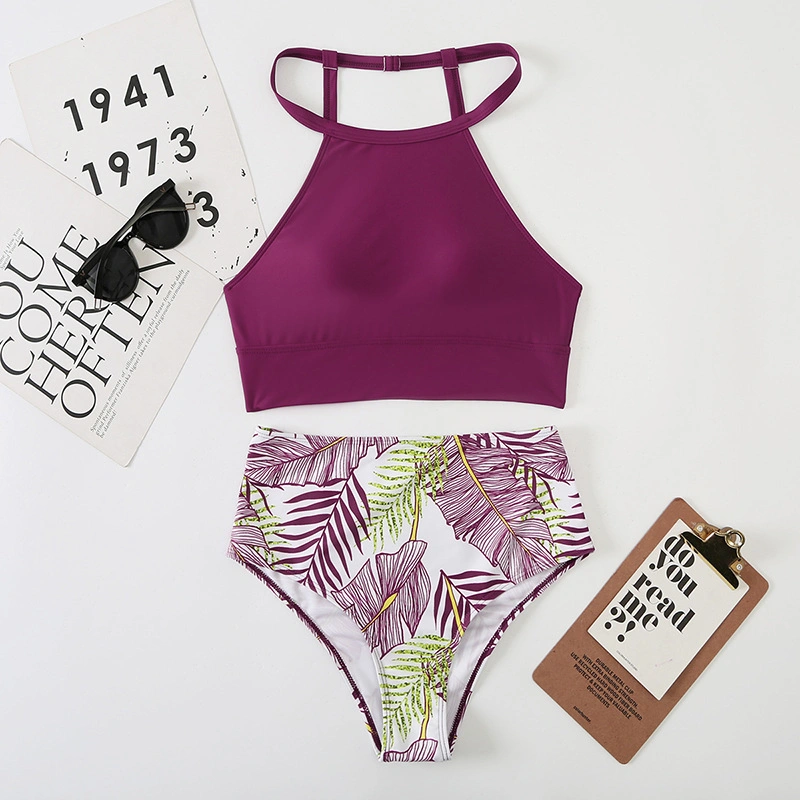 Pure Color Printed Two-Piece Swimsuit High-Waisted Sexy Bikini