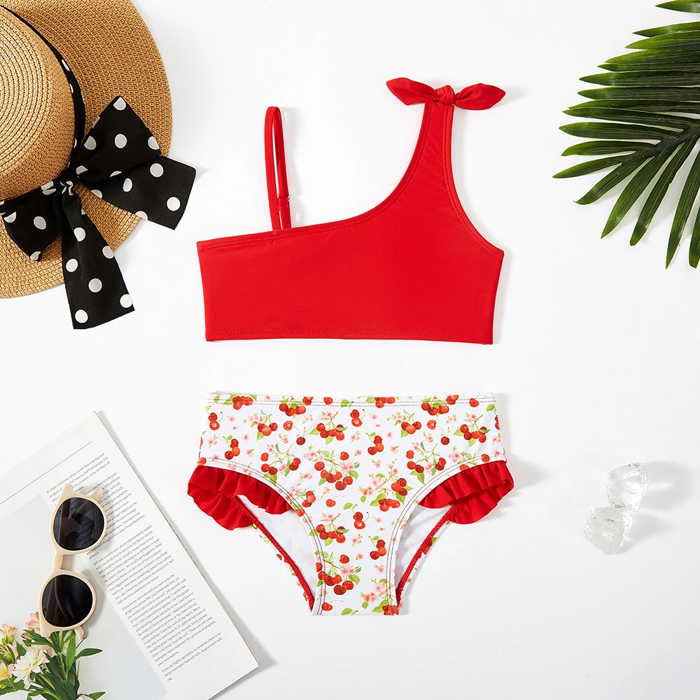 Red Print Oblique Shoulder Girl&prime; S Swimsuit with Ruffles