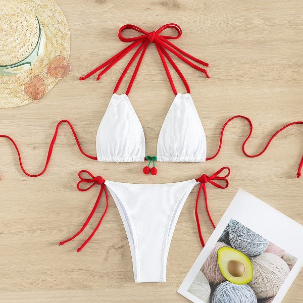 Rib Fabric Contrast Bikini with Cherry Accessories Hanging Tie Neck