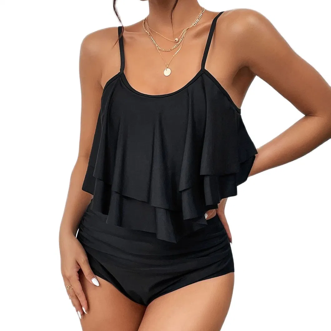 Ruffled Double-Layer High-Waisted Women Swimsuit Pure Color Two-Piece Bikini