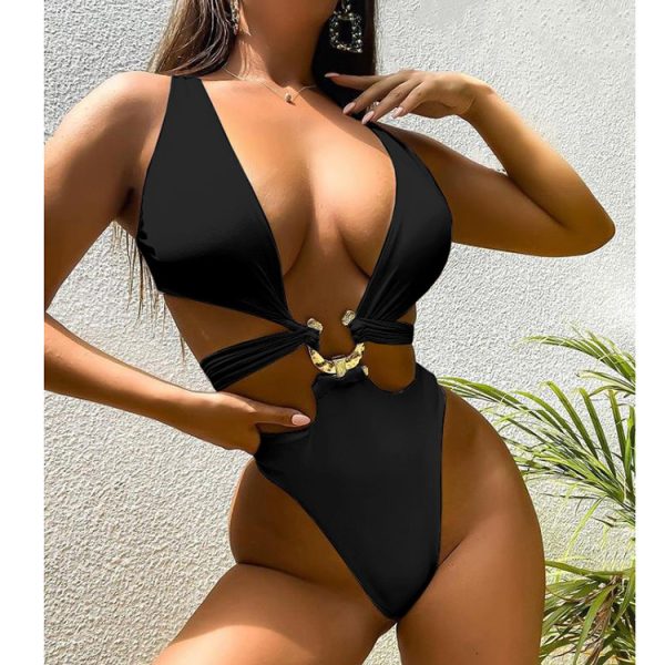 Sexy One Piece Cutout Women′s Swimsuit with Metal Accessories Tie Strap