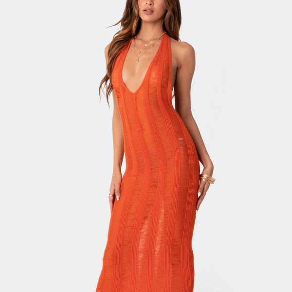 Sexy See Through Halter V Neck Backless Solid Color Maxi Women