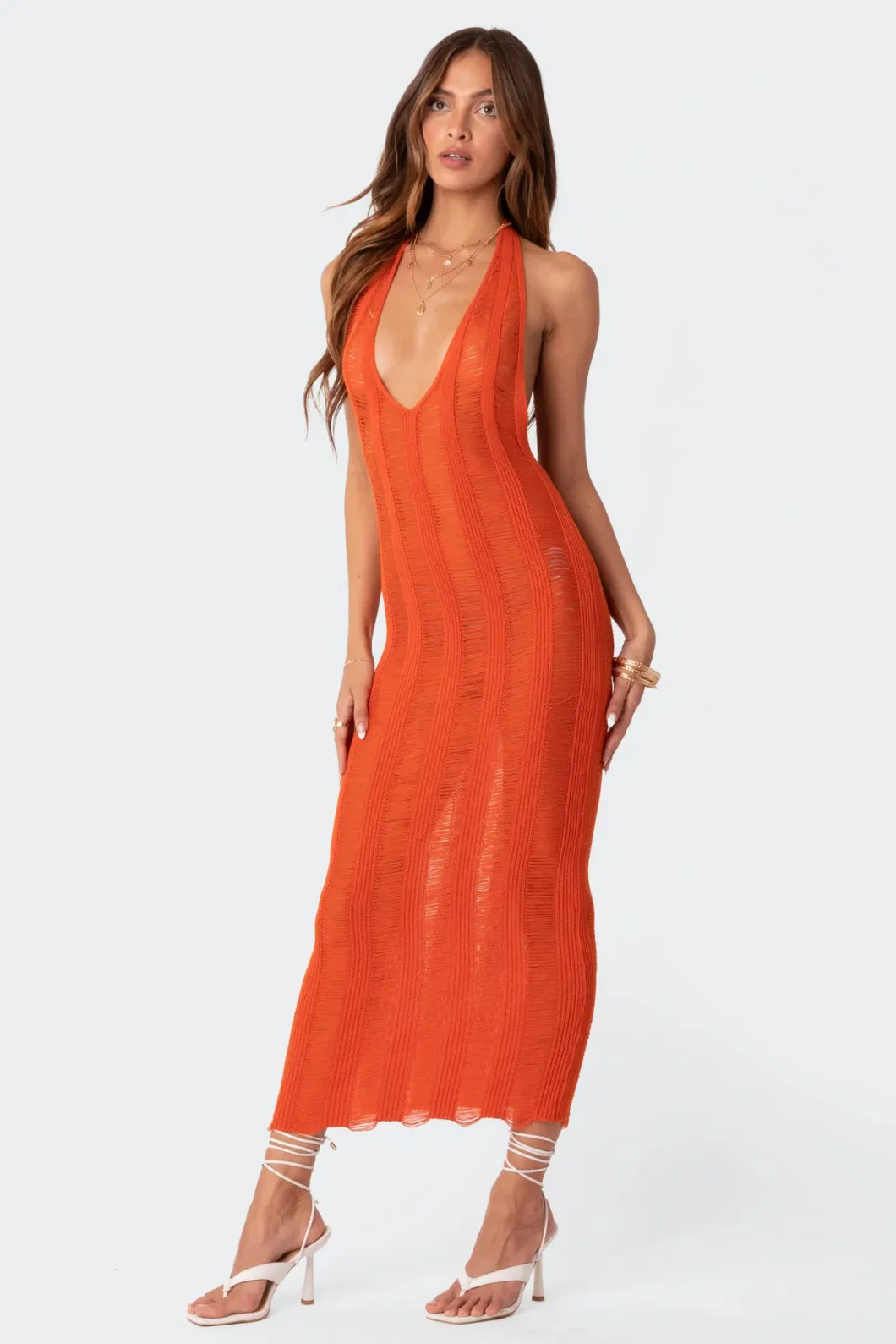 Sexy See-Through Halter V Neck Backless Solid Color Maxi Women Knitted Dress Beach Cover up