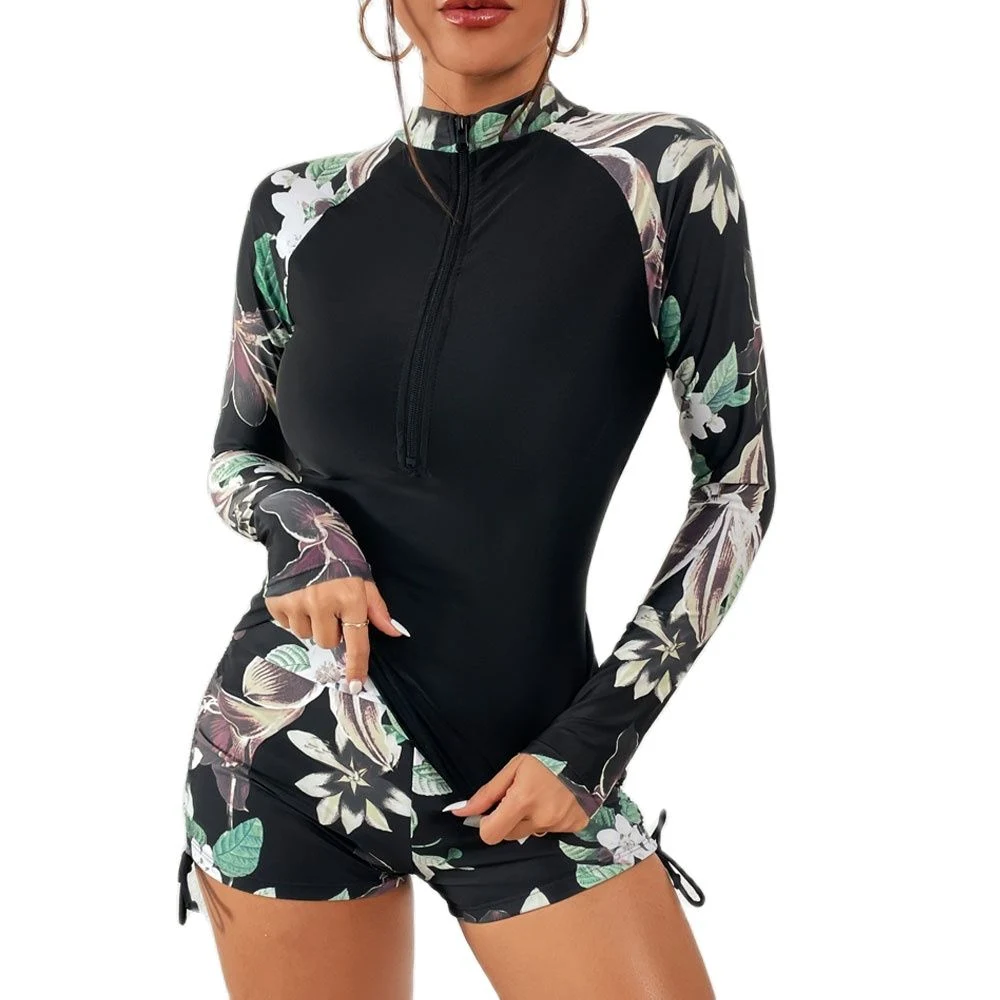 Sexy Surf Suit Long Sleeve Printed Flower 2-Piece Swimsuit