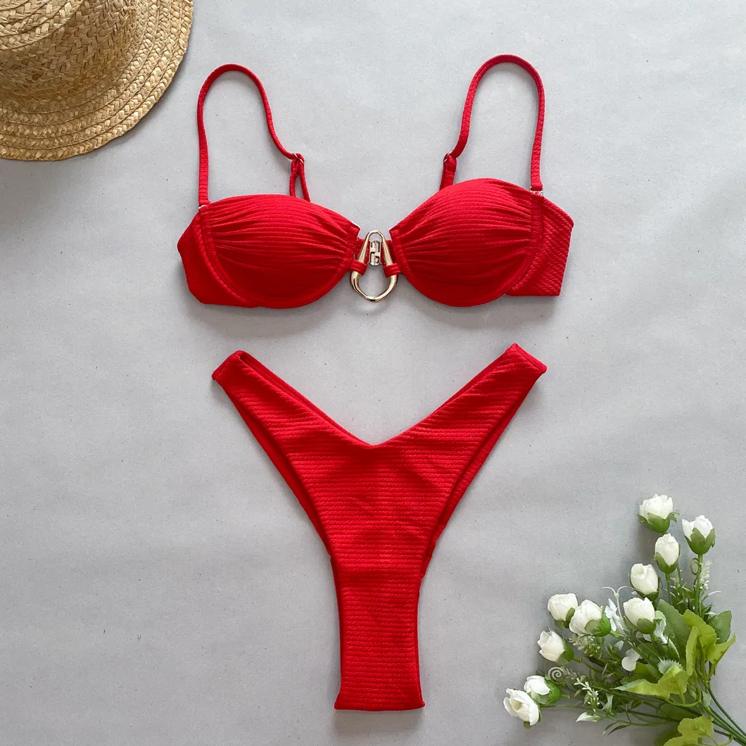 Solid Color High Rise Bikini with Metal Accessories Tight and High Elastic Swimsuit with Underwire and Removeable Pad