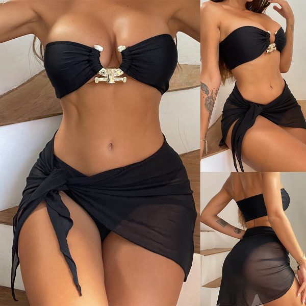 Strapless Solid Color Swimsuit Sexy Three Piece Bikini with Mesh Cover