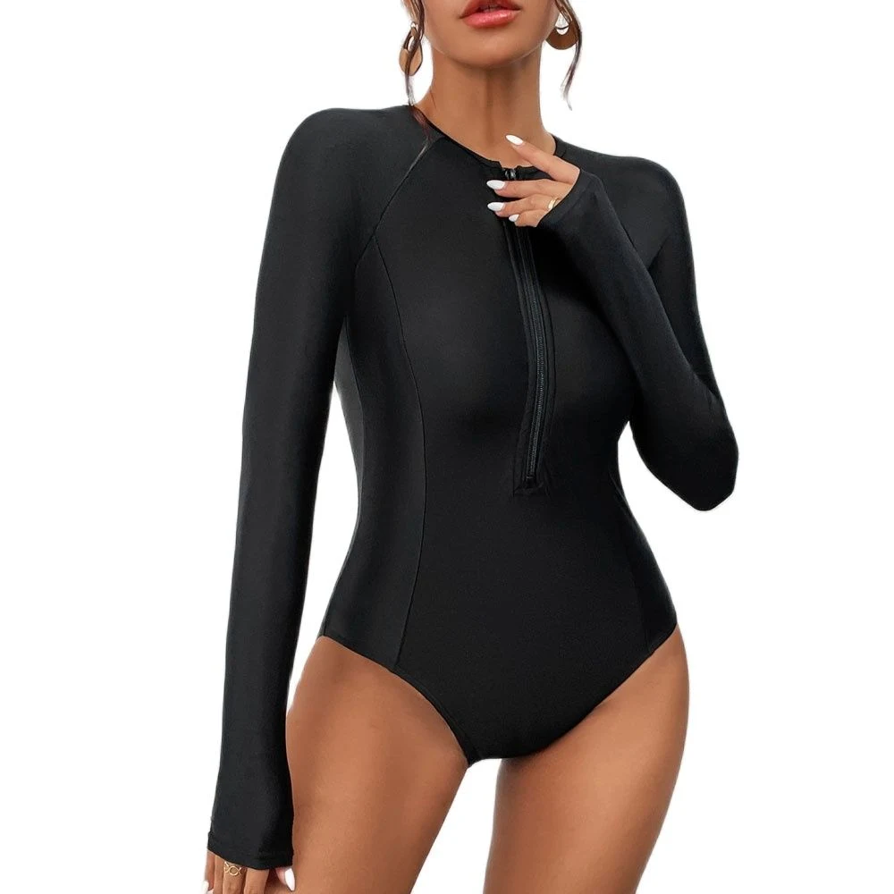 Sunscreen Swimsuit Pure Color One-Piece Long-Sleeved Women&prime;s Swimsuit