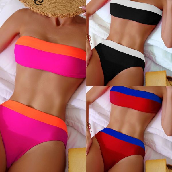 Two-Piece 2023 Fashion Sexy Contrast Color Set Strapless Top High Waist Bikini