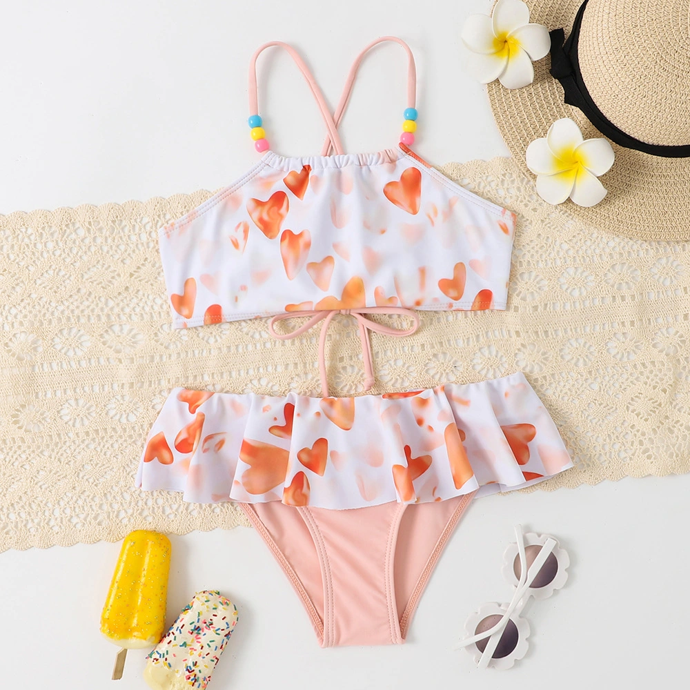 Two-Piece Kid&prime; S Swimsuit Cute Triangle Style Drawstring with Ruffle Bikini