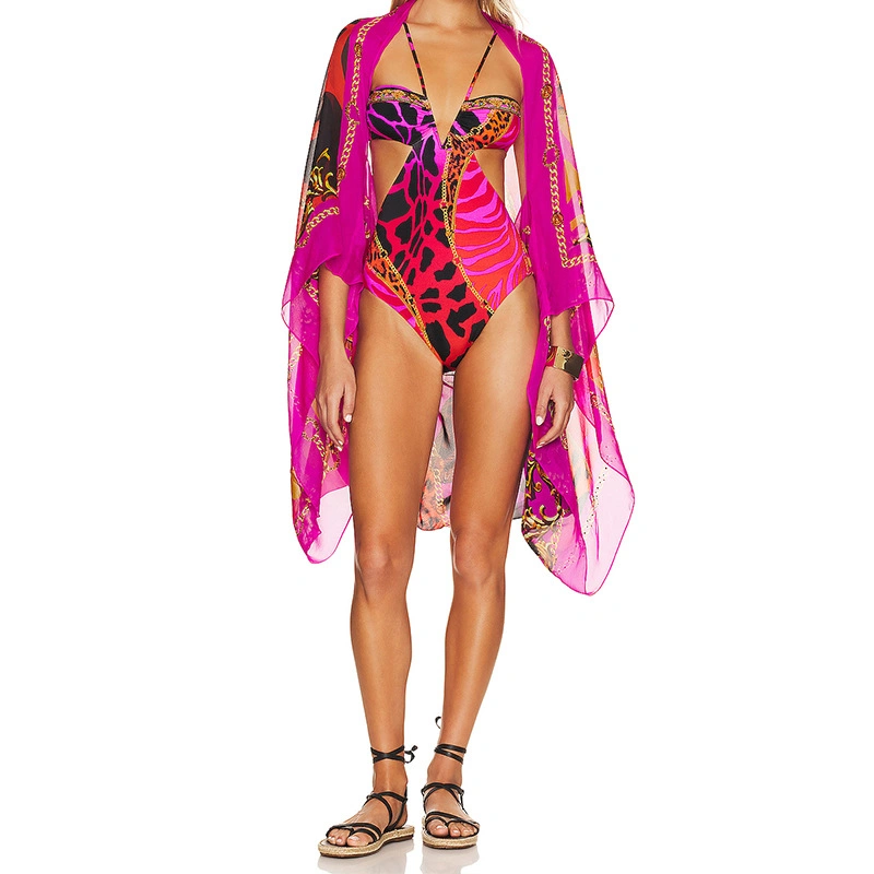 Two Piece Set Leopard Print Bikini with Print Smock Women&prime;s Swimsuit