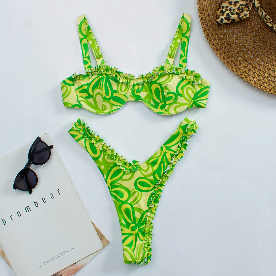 Two Piece Women&prime;s Swimsuit Floral Printing Sexy Lace Ruffle Bikini