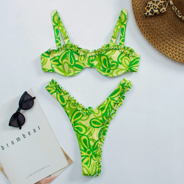 Two Piece Women′s Swimsuit Floral Printing Sexy Lace Ruffle Bikini