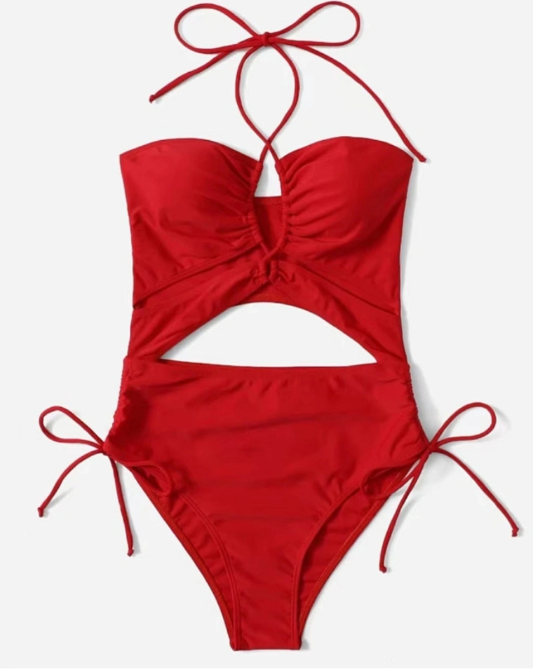 One Piece Slimming Swimsuit for Women Solid Color Sexy Bikini Tie