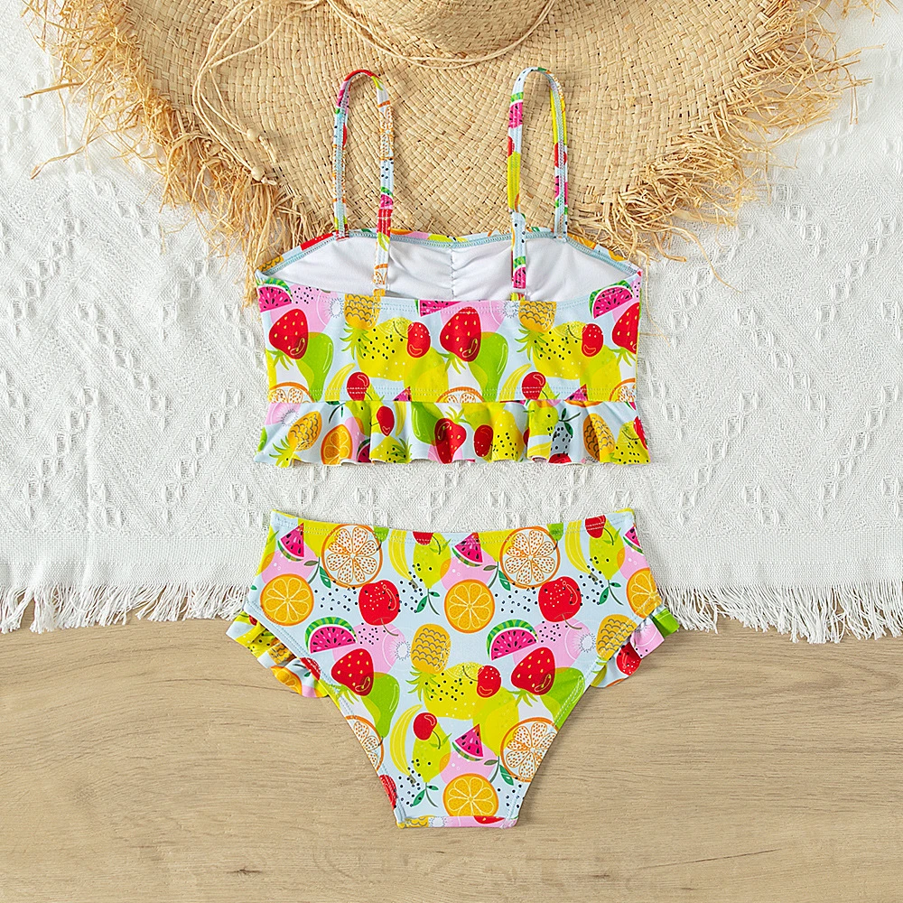 2024 New Girl&prime;s Swimwear Child Bikini Children&prime;s Fruit Printing Swimsuit Two Piece Set with Ruffle Edge