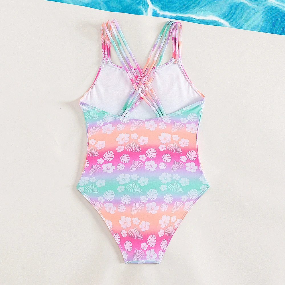 2024 New Gradient Color Printing One Piece Girl&prime;s Swimsuit with Cross Thin Shoulder Straps