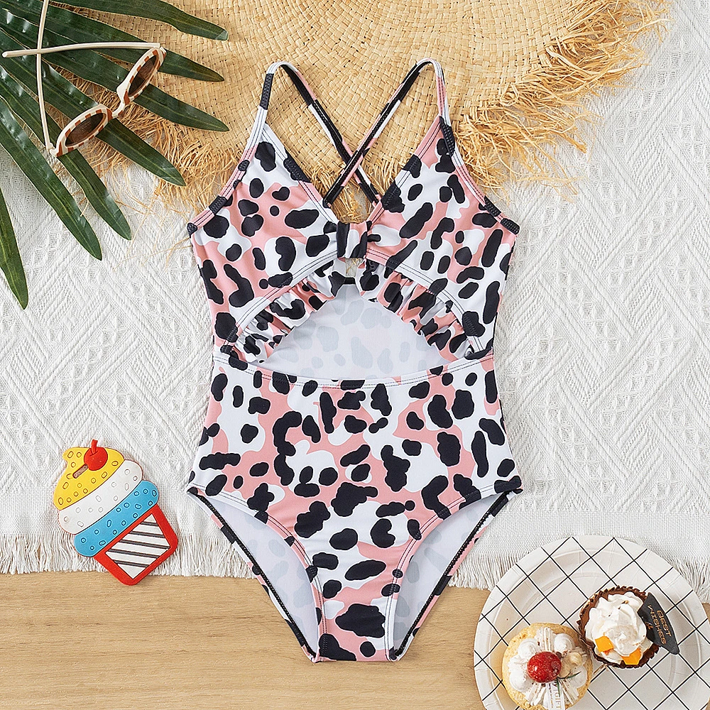 2024 New Leopard Printing Children&prime;s Swimsuit Girls&prime; One-Piece Princess Dress Swimwear Hot Spring Beach Girls&prime; Bikini Withruffle Edge