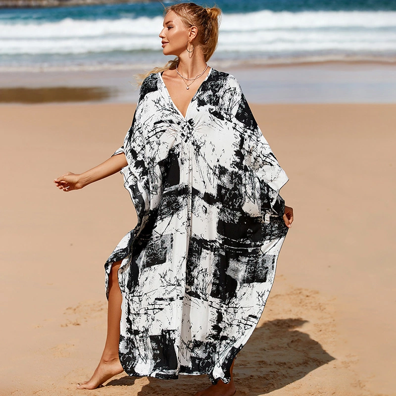 Loose Robe Beach Coat Beach Vacation Sun Protection Long Skirt Bikini Cover up Swimsuit Outerwear for Women Polyester Cotton Fabric