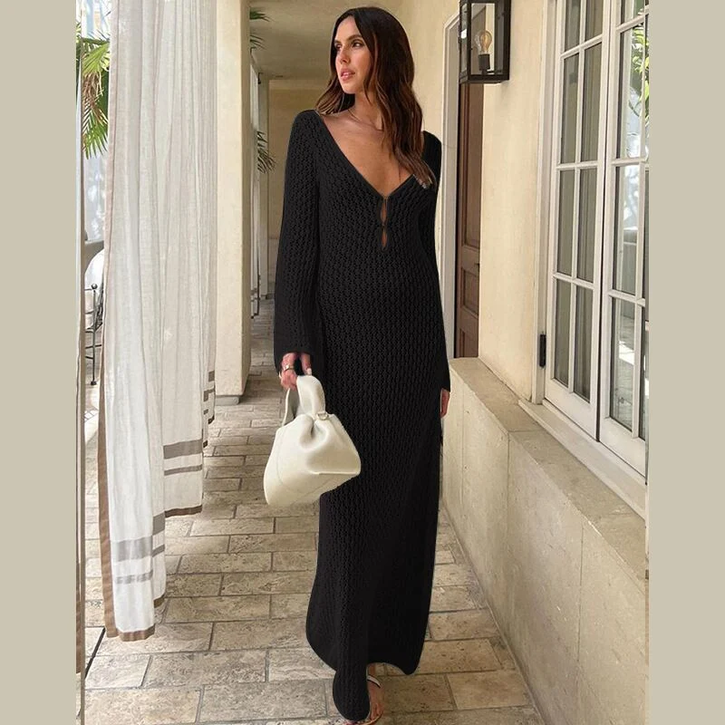 Autumn and Wnter New Beach Dress Solid Color Sexy Backless Knitted Hollow One Piece Long Dress Skirt Bikini Swimsuit Cover up Cutout