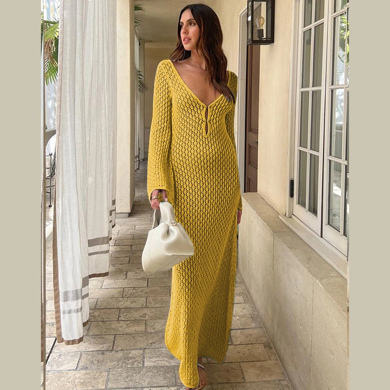 Autumn and Wnter New Beach Dress Solid Color Sexy Backless Knitted Hollow One Piece Long Dress Skirt Bikini Swimsuit Cover up Cutout