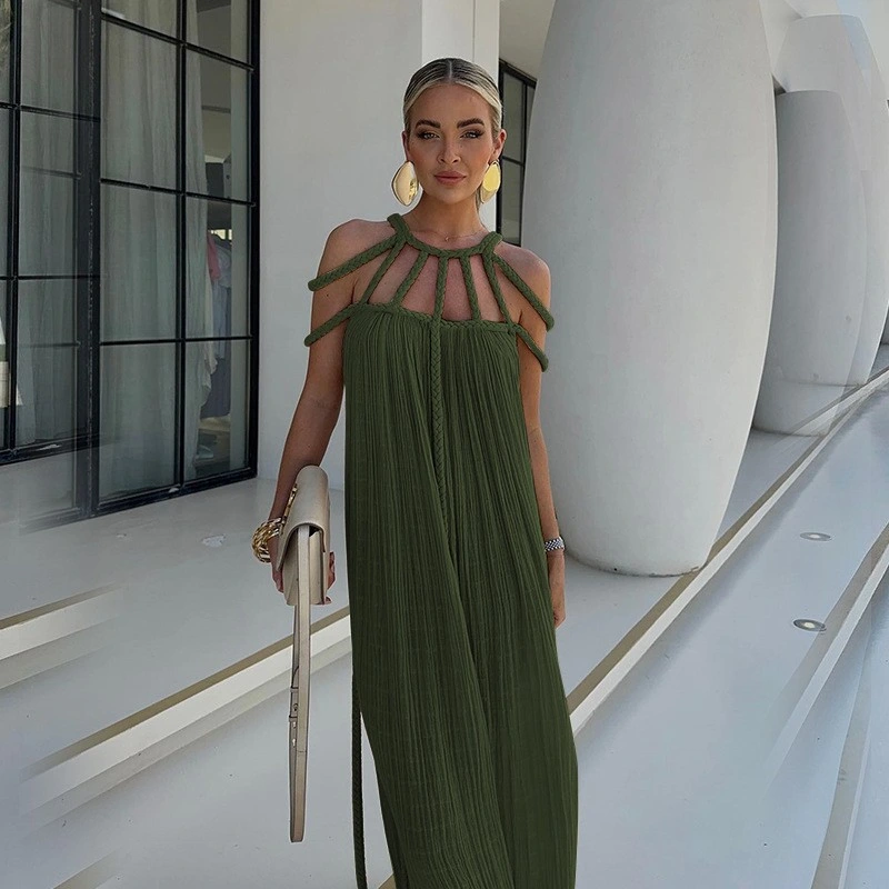 Hanging Neck Tie Rope Long Spring Women&prime;s Long Skirt Tied Rope off Shoulder Sexy Hanging Neck Loose Vacation Beach Skirt