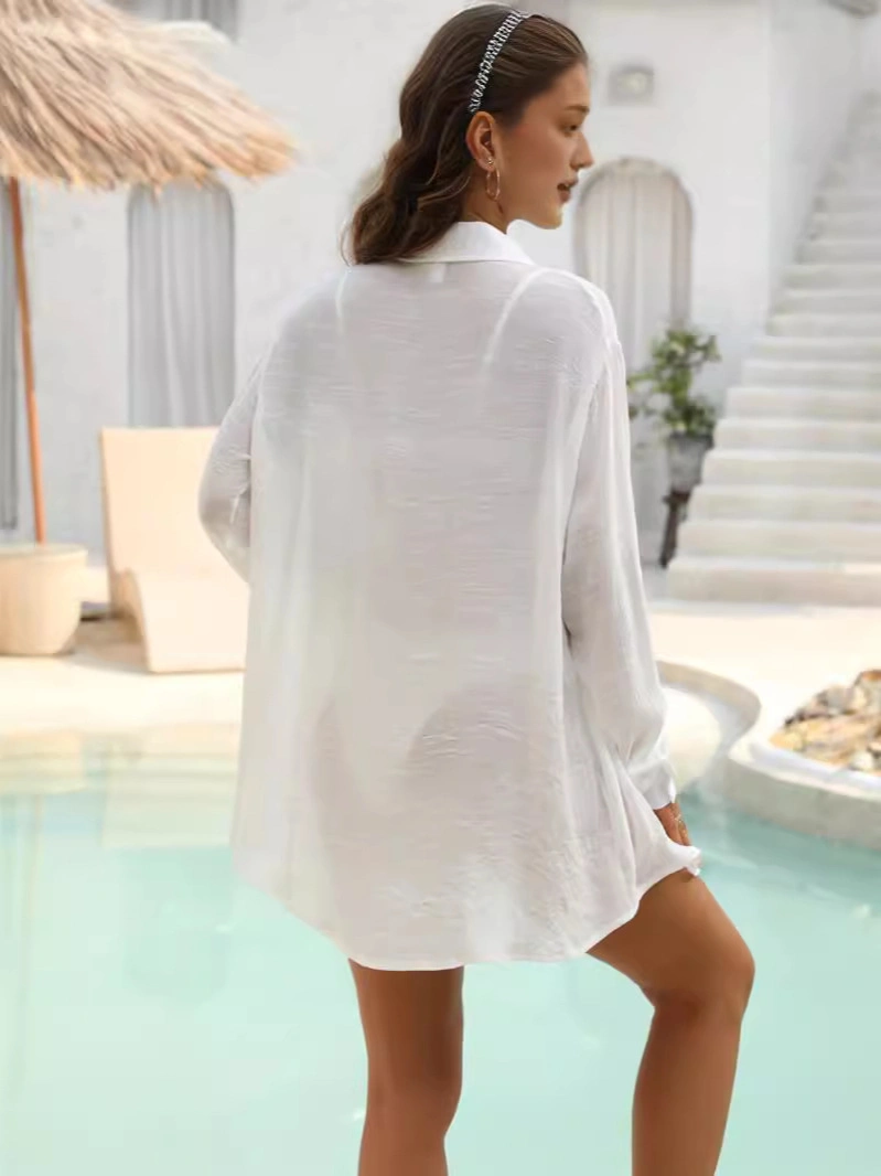 Solid Colour White Color Summer Sun Protection Shirt Fashion Women&prime;s Shirt Cardigan Vacation Beach Cover Shirt Cover up