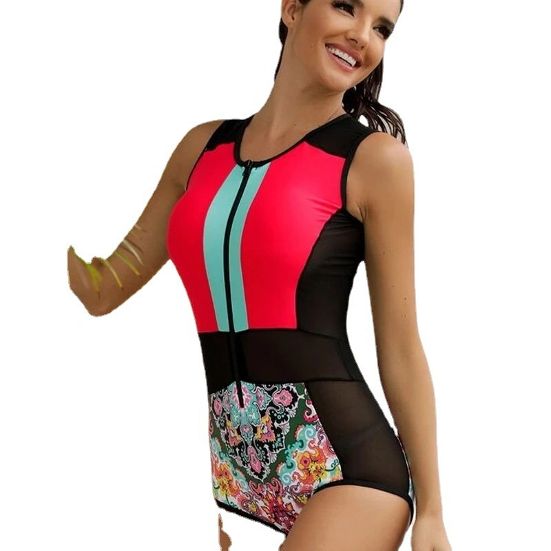 Surfing Suit One-Piece Sleeveless Zipper Swimsuit Spliced Printed Swimsuit Round Neck Constract Colour