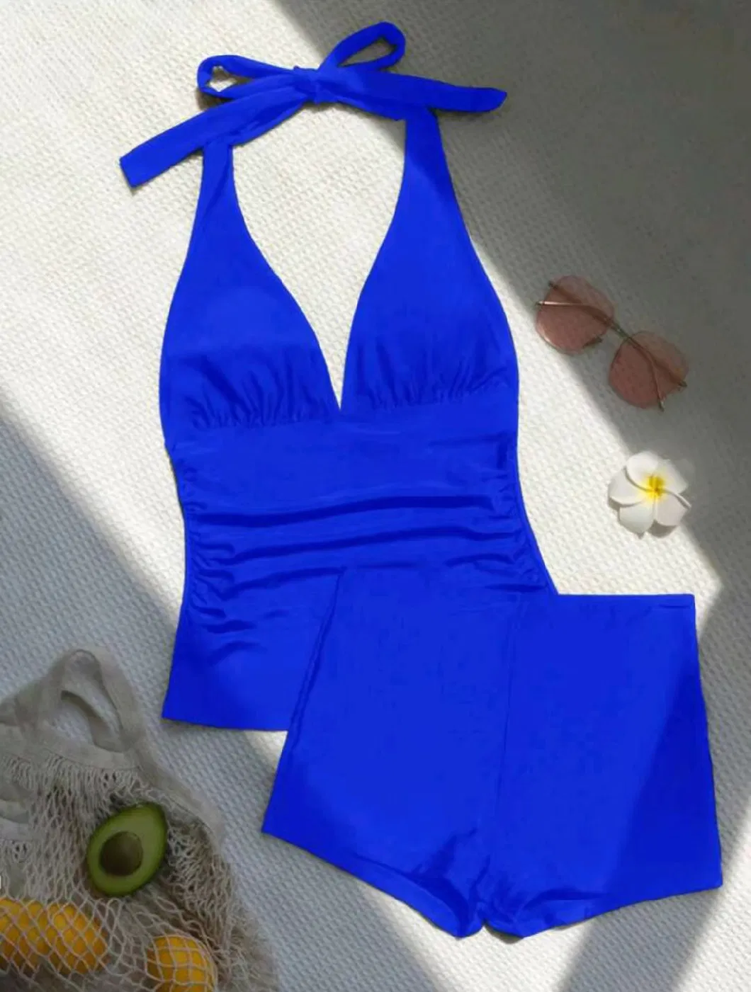 New Swimsuit Solid Color Two-Piece Swimwear High Waist Shorts Hanging Neck Backless Tankini Swimsuit Solid Colour Tankini