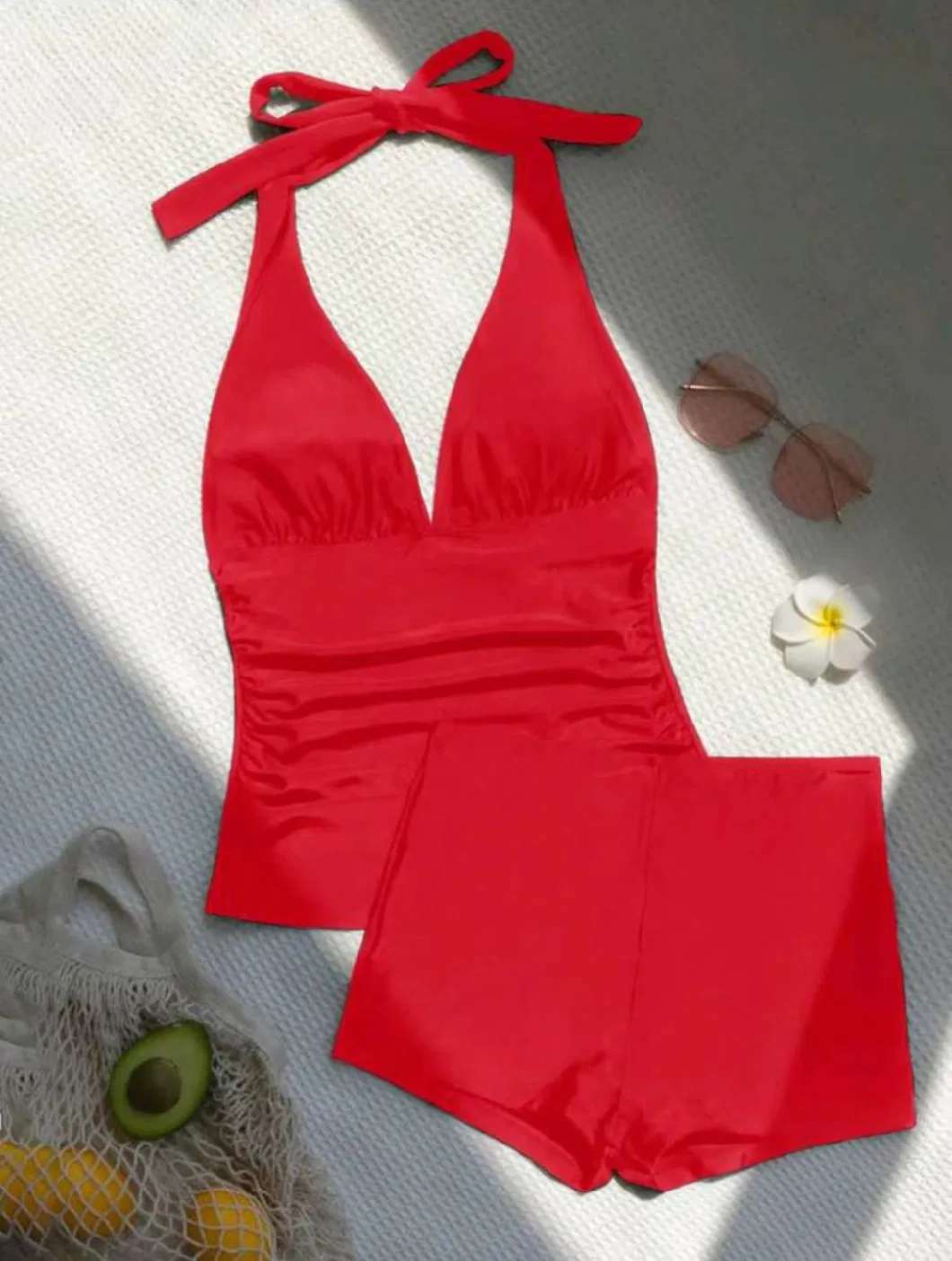 New Swimsuit Solid Color Two-Piece Swimwear High Waist Shorts Hanging Neck Backless Tankini Swimsuit Solid Colour Tankini