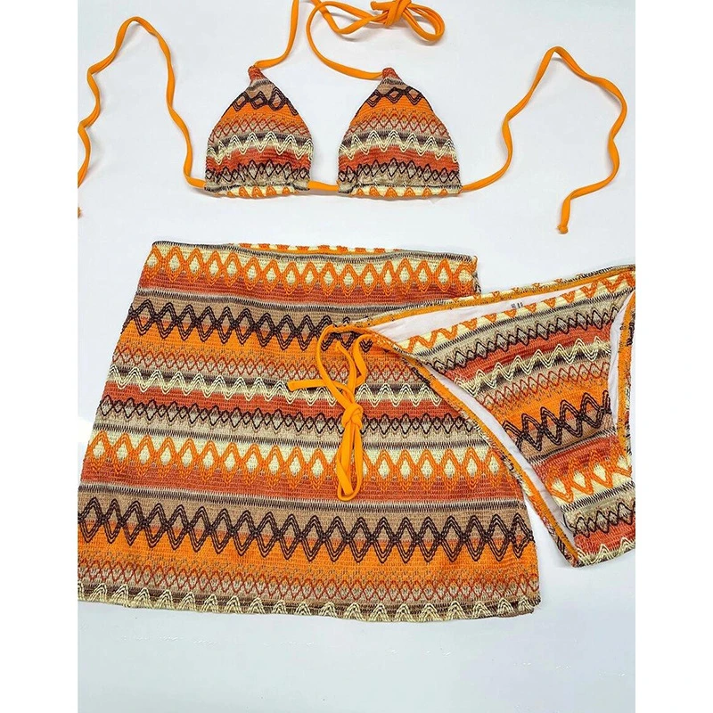 New Swimsuit Women&prime;s Three Piece Set with Tie Skirt Style Sexy Printed Bikini Short Cover up with Zigzag Contract Colour Printing