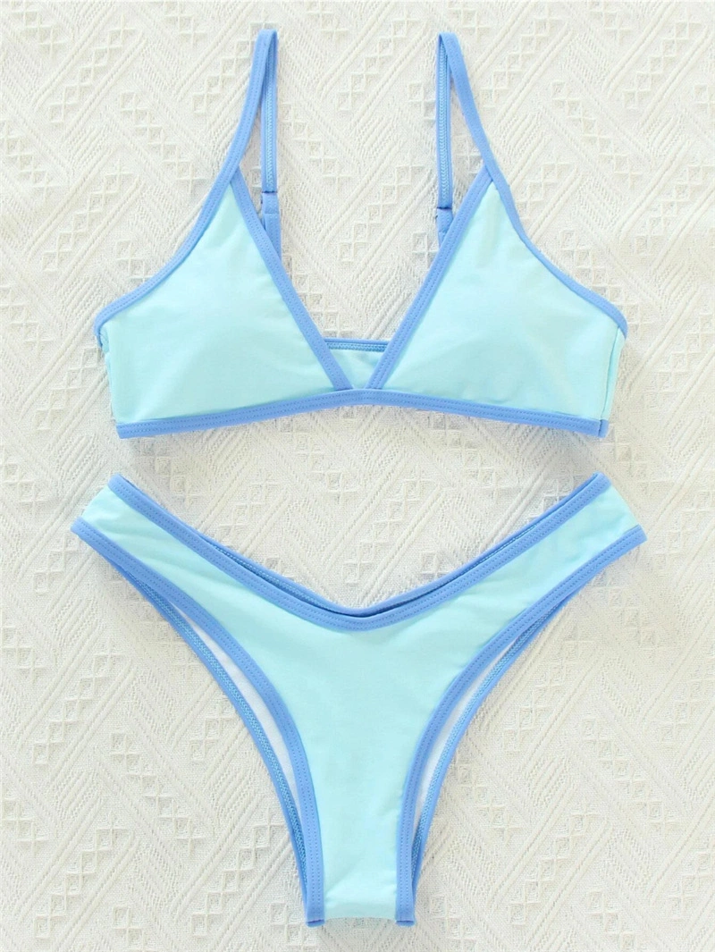 Solid Color Bikini Women&prime;s Swimsuit Sexy Sports Style Constract Colour Piping Binding Swearsuit