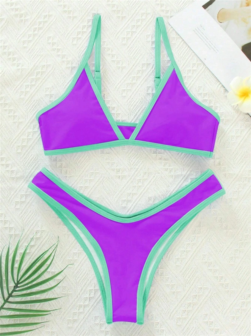 Solid Color Bikini Women&prime;s Swimsuit Sexy Sports Style Constract Colour Piping Binding Swearsuit