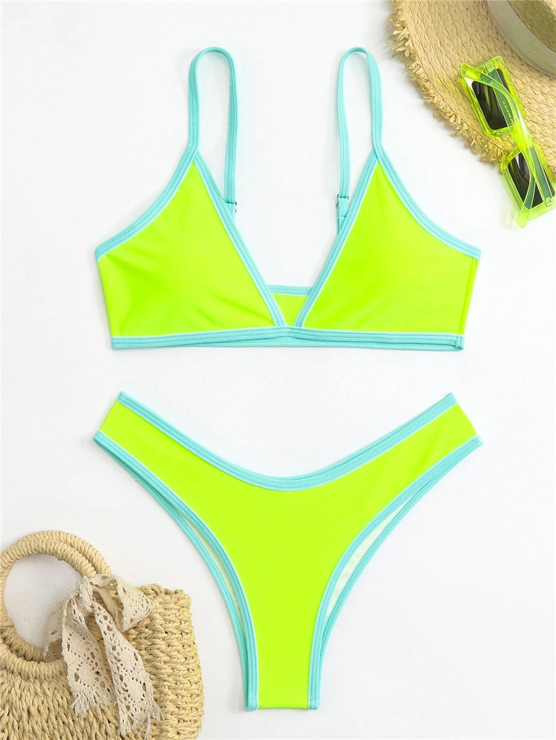 Solid Color Bikini Women&prime;s Swimsuit Sexy Sports Style Constract Colour Piping Binding Swearsuit