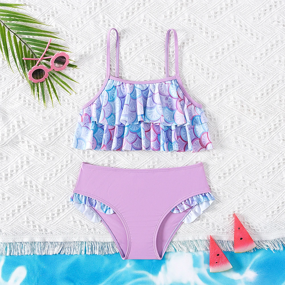 2024 New Girl Mermaid Printing Swimwear Child Bikini Children&prime; S Swimsuit Two Piece Set with Ruffle Edge