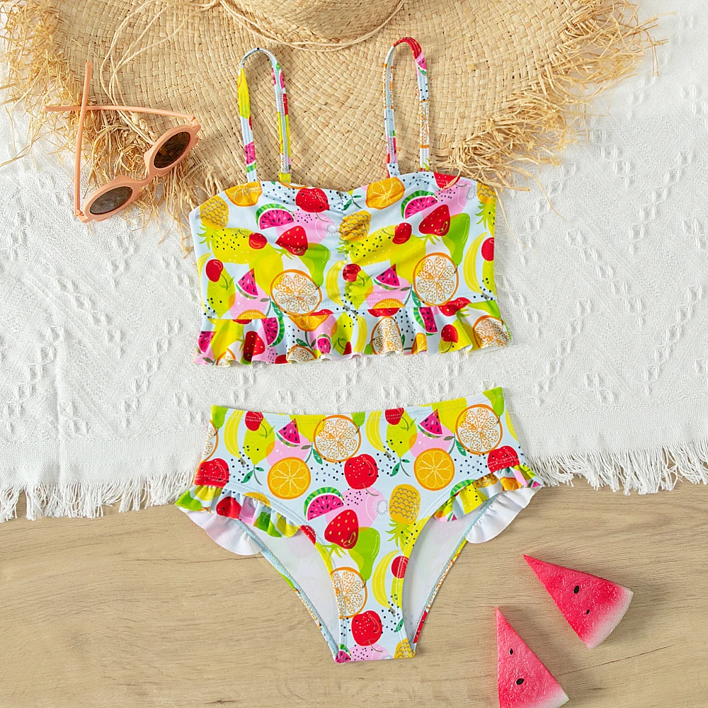 2024 New Girl&prime;s Swimwear Child Bikini Children&prime;s Fruit Printing Swimsuit Two Piece Set with Ruffle Edge