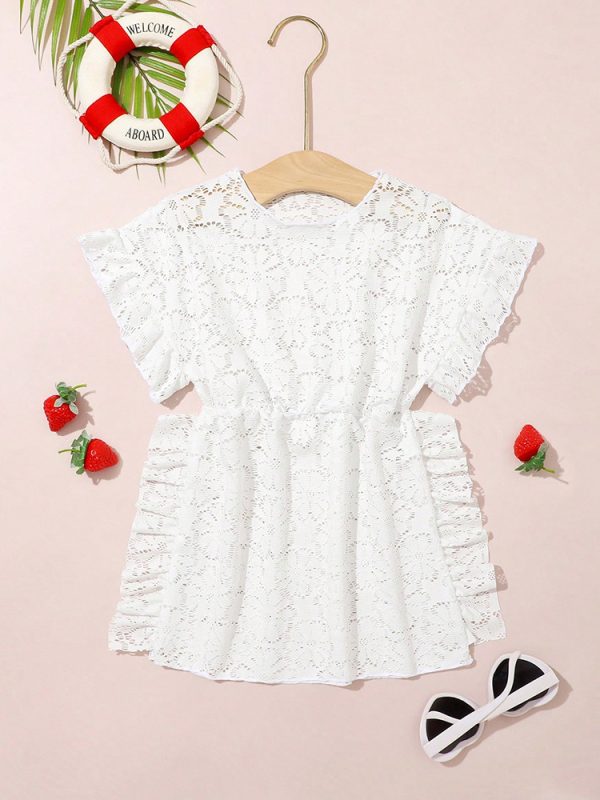 2024 New Girls′ Swimsuit Cover Shirt White Lace Girls′ Outer