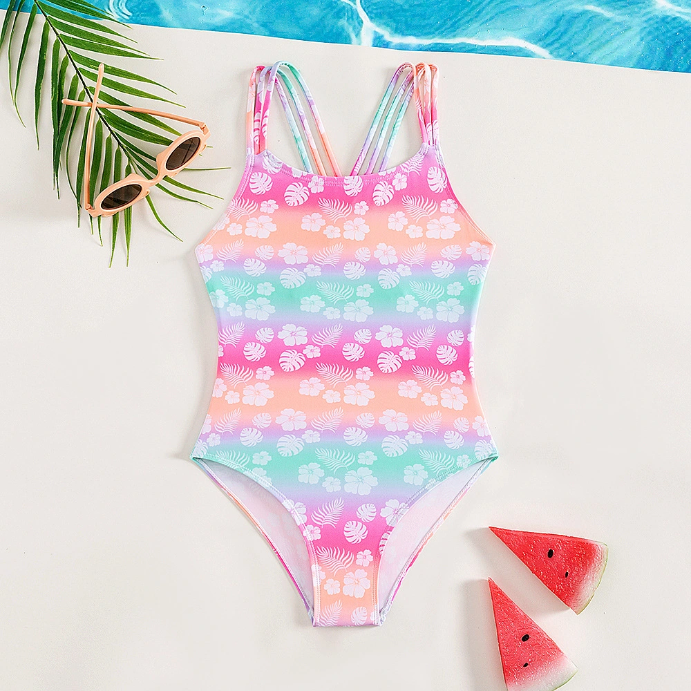 2024 New Gradient Color Printing One Piece Girl&prime;s Swimsuit with Cross Thin Shoulder Straps