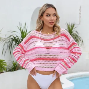 2024 Summer New Amazon Cross Border Foreign Trade Women s Bikini Hollow Mesh Beach Clothing Sun Protection Knitwear Sweater Clothes Sexy Sweatshirts Knitted