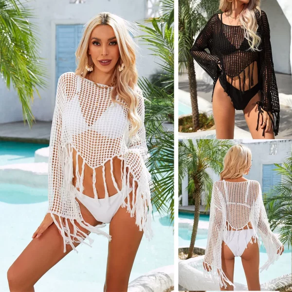 2024-Summer-New-Amazon-Tassel-Irregular-Bikini-Beach-Shirt-Hollow-Knitsunscreen-Cove