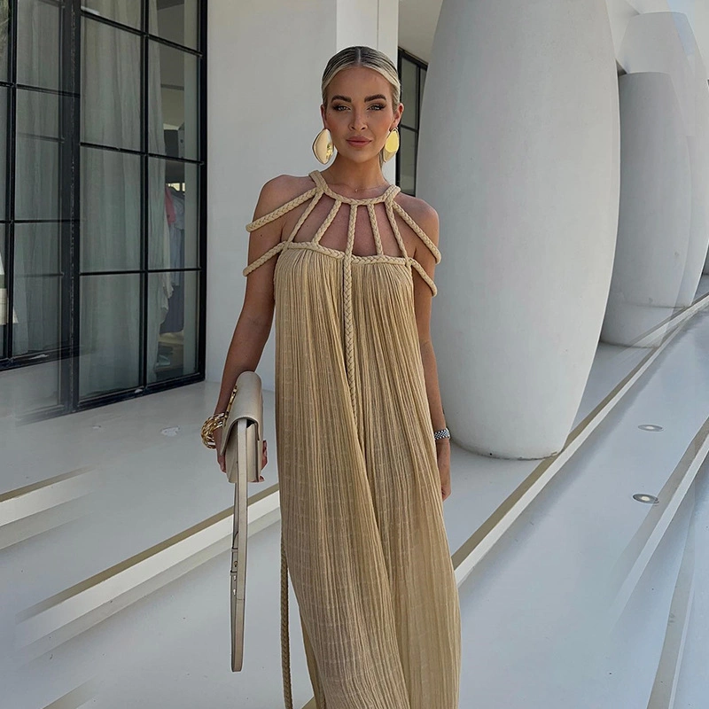 Hanging Neck Tie Rope Long Spring Women&prime;s Long Skirt Tied Rope off Shoulder Sexy Hanging Neck Loose Vacation Beach Skirt