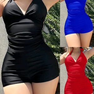 New Swimsuit Solid Color Two Piece Swimwear High Waist Shorts Hanging