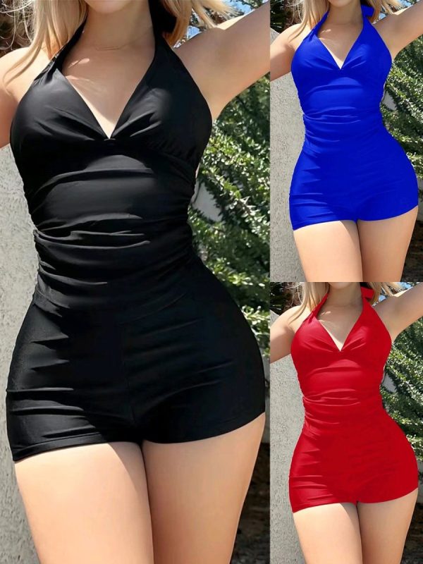 New Swimsuit Solid Color Two-Piece Swimwear High Waist Shorts Hanging Neck Backless Tankini Swimsuit Solid Colour Tankini