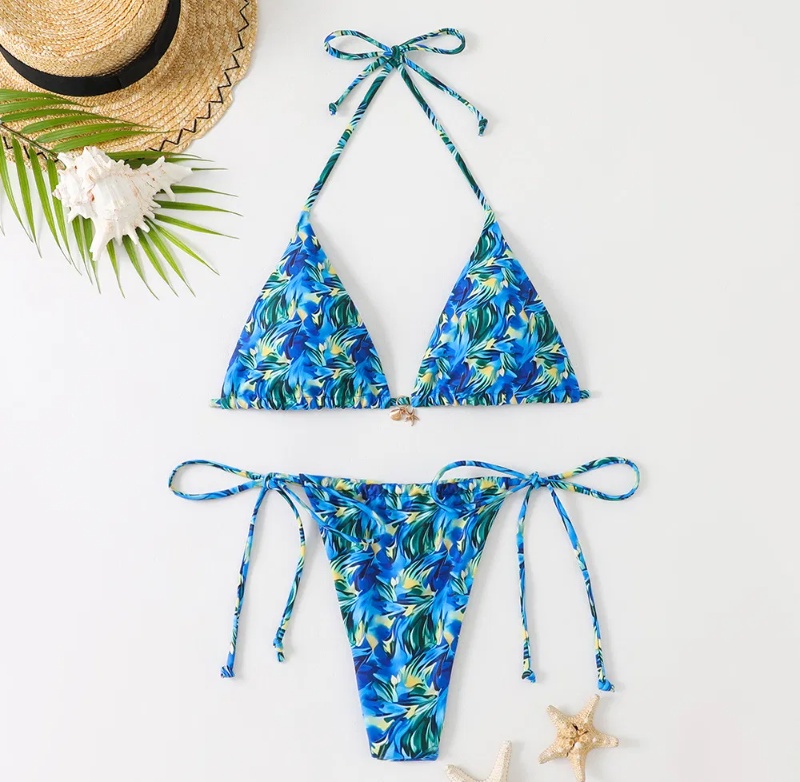 2025 New Sexy Printed Women′s Triangle Brazilian High Cut Two Pieces Tie Bikinis Wtih Charm China Swimwear Manufacturer