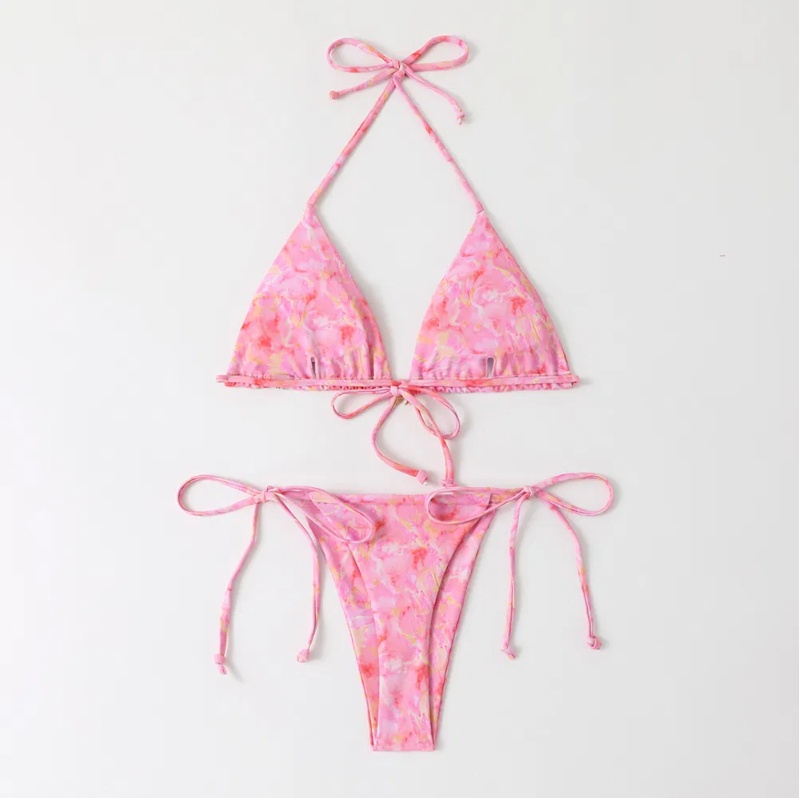 2025 New Sexy Printed Women′s Triangle Brazilian High Cut Two Pieces Tie Bikinis Wtih Charm China Swimwear Manufacturer