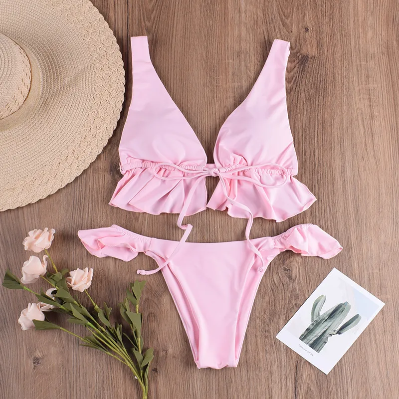 2025 New Women′s Ruffle Edge Tie Front High Waisted Sexy Bikini Swimsuits Cheap Swimwear Manufacturers China