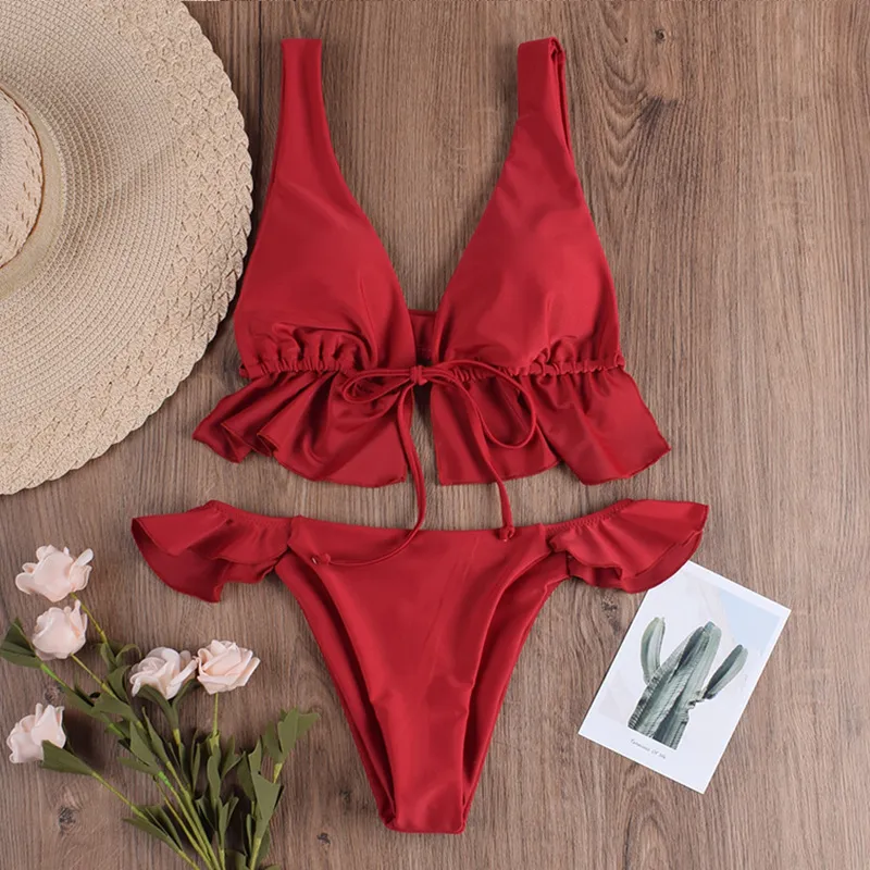 2025 New Women′s Ruffle Edge Tie Front High Waisted Sexy Bikini Swimsuits Cheap Swimwear Manufacturers China