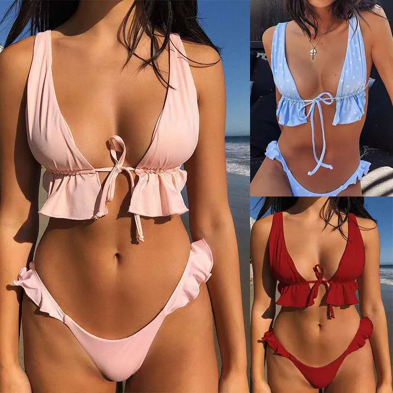 2025 New Women′s Ruffle Edge Tie Front High Waisted Sexy Bikini Swimsuits Cheap Swimwear Manufacturers China