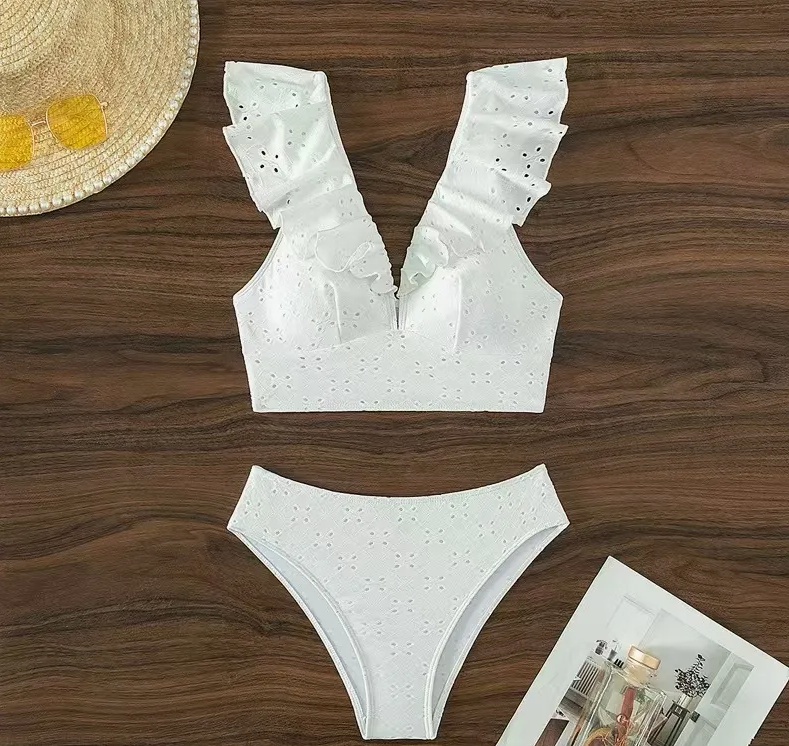 2025 Women′s White Jacquard Fabric Ruffle V Neck 2 Pieces Swimsuits Best OEM/ODM Swimwear