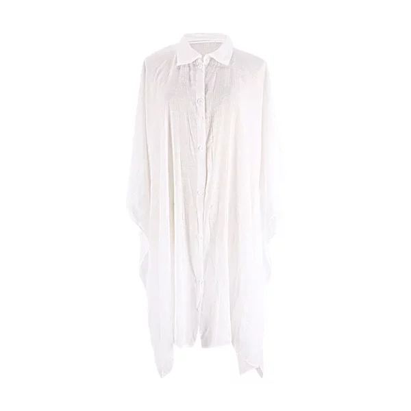 Women Classic Trendy Button up Shirt Collar Half Sleeve White Linen Plus Size Beach Cover up - Image 2